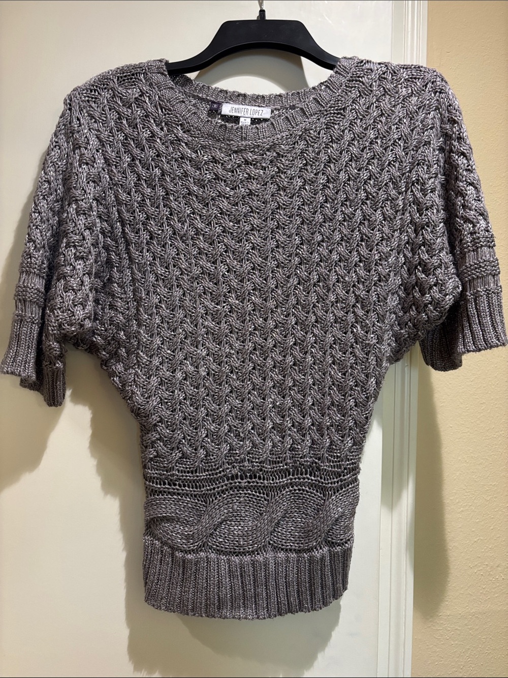 Jennifer Lopez Taupe Cable-Textured Short-Sleeve Sweater